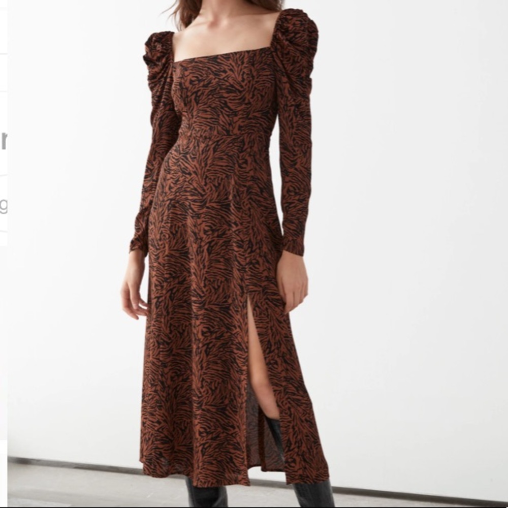 & Other Stories Size 8 Satin Squareneck midi dress Brown Zebra